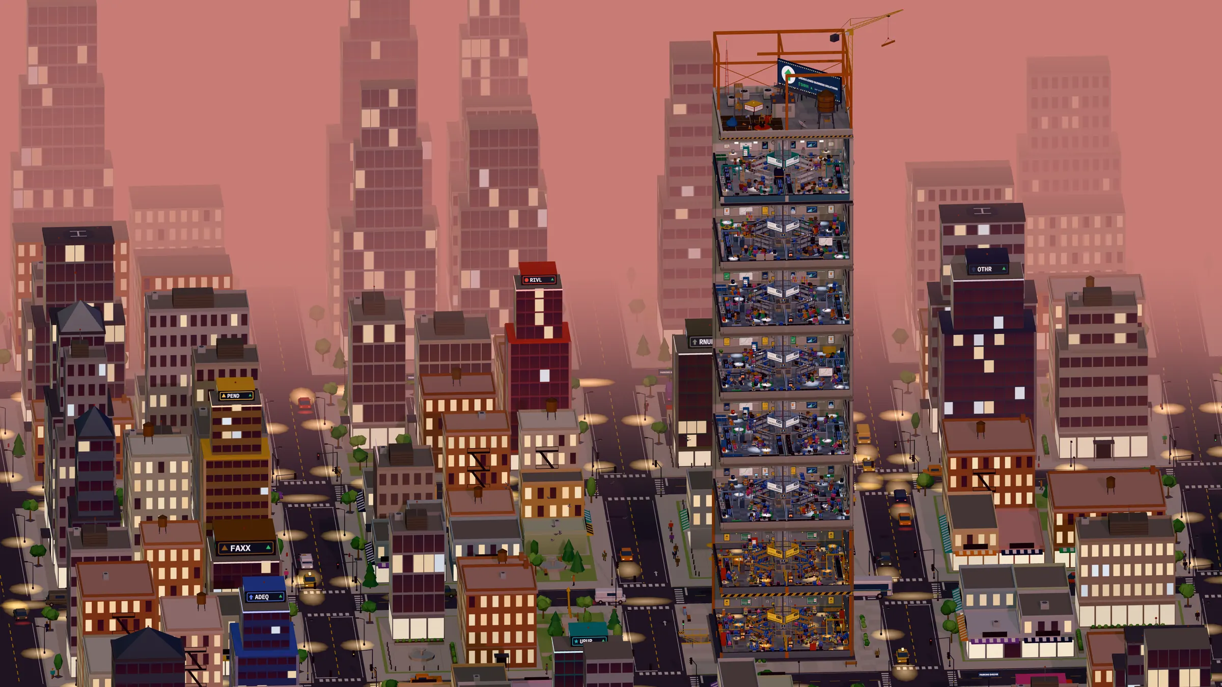 A tall office tower full of tiny associates, rising over a low-poly city at dusk